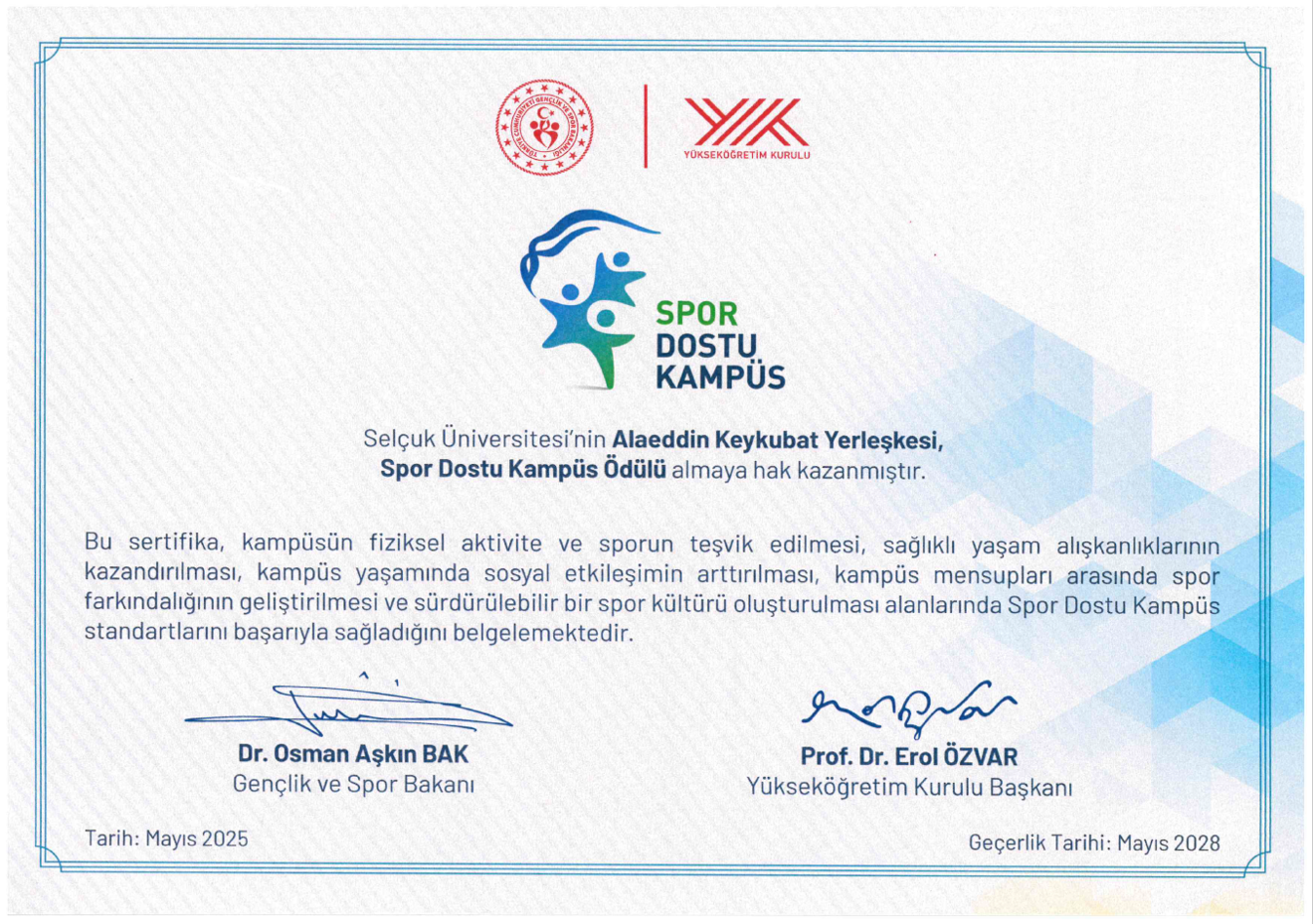 Selçuk Üniversitesine “Spor Dostu Kampüs” Ödülü